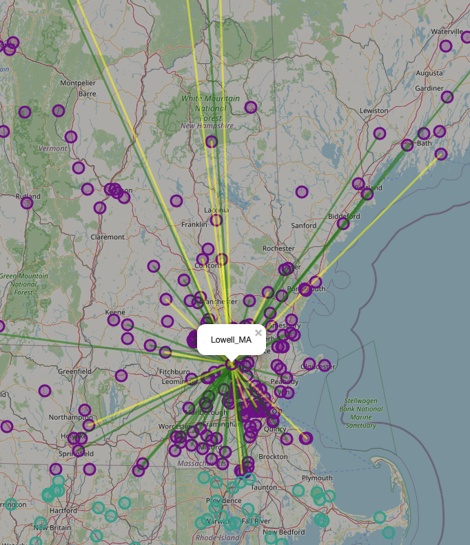 A map showing an ADS-B receiver named "Lowell_MA" with connections to other stations in Maine, New Hampshire, Montreal, and within Massachusetts.